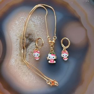Kids hello kitty gold necklace earrings set toddler new